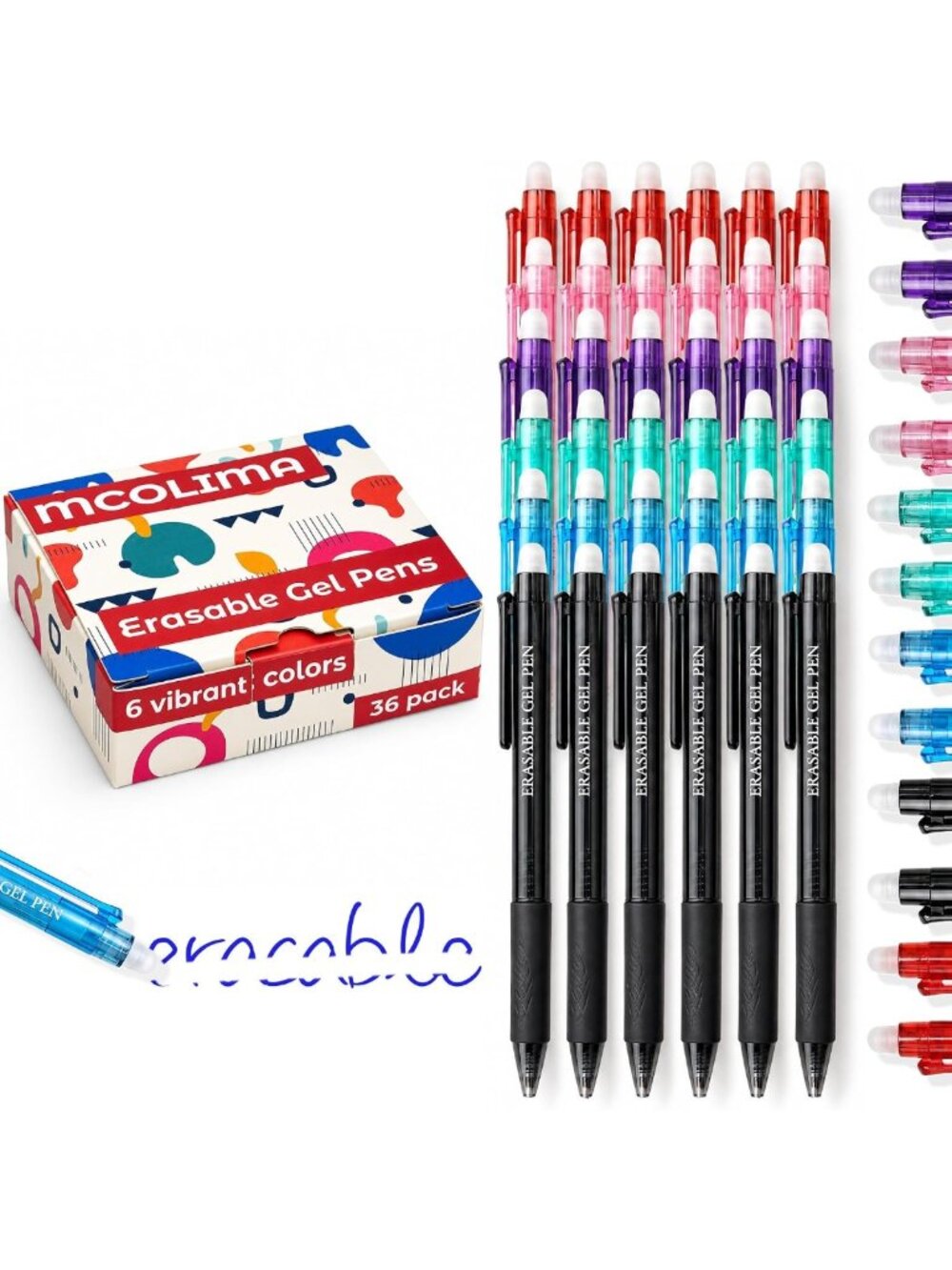36 Pack Retractable Erasable Gel Pens - 0.7mm Fine Point, Quick Dry Ink